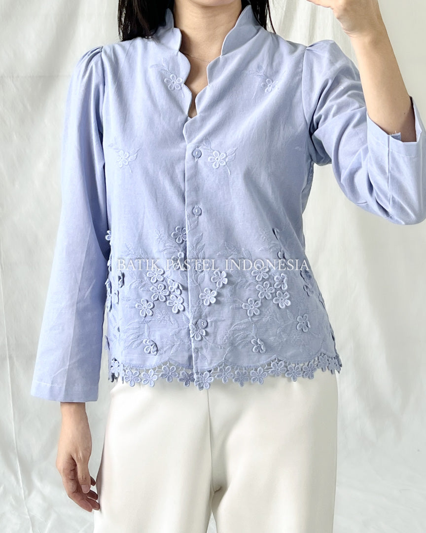 Shella Top LONG Embroidered Cotton Top - Blue